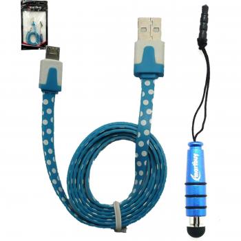Emartbuy® Lunares Range Duo Paquete para Xoro PAD 10W6 Windows Convertible Tablet PC 10.6 Inch - Azul Lápiz Óptico Metálico + Lunares Azul / Blanco Flat Anti-Tangle Micro USB Sync Transfer Data & Cargador Cable