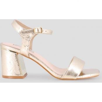 Sandalias de tacón de mujer doradas con acabado metalizado y tira al tobillo