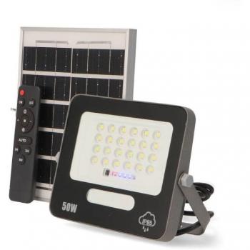 Foco Proyector LED Solar 50W IP65 con Sensor Crepuscular y Control Remoto Luz Fría 6000K