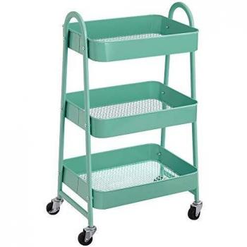 SONGMICS Carro móvil, Carrito de almacenamiento de 3 niveles, Marco de acero, con mango, 2 frenos, Montaje fácil, para dormitorio, lavadero del baño, Verde Menta BSC068C01
