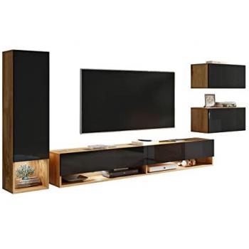 Conjunto de salón Sarasota 124, Aglomerado laminado, con mesa de TV y partes separadas, Wotan roble y negro brillante, 130 x 33 cm