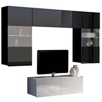 Conjunto de salón Providence B114, Aglomerado laminado, Blanco + Negro, Con mesa de TV, Dimensiones 195 x 43 cm, Partes separadas, Con equipo adicional