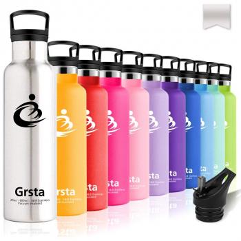 Grsta Botella de Agua para Deportes de Acero Inoxidable Doble Pared de Aislamiento al Vacío, 100% Libre de BPA Antifugas, Ecologica, Reutalizable Fitness Metalica Termo 600ml/21oz-Acero Inoxidable