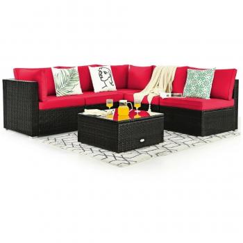 6-Piece Rattan Patio Furniture Set with Glass Top Table - Red