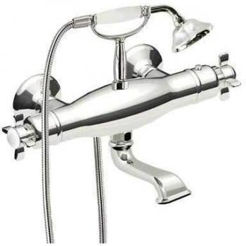 Tres Griferia - Bañera‑Ducha Retro Termostática Con Soporte Ducha Móvil Anticalcárea Y Flexo Doble Engatillado.