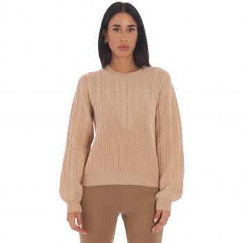 Camel Cable Knit Round-Neck Twinset Sweater for Women, Size M
