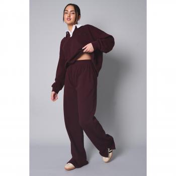 Kaiia Ribbed Waistband Wide Leg Sweat Pants Burgundy UK 14