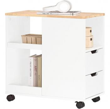 Mesa Auxiliar de Centro con 4 Ruedas, 2 Cajones y 3 Compartimentos Abiertos, Ideal para Salón y Dormitorio, Dimensiones 60 x 30 x 60 cm, Color Blanco, Modelo FBT