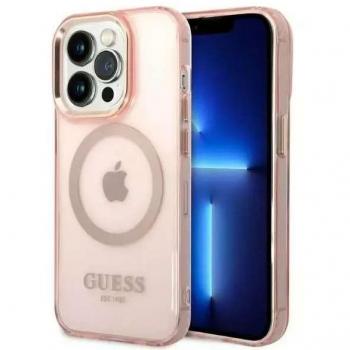 Funda Híbrida Guess Gold Outline MagSafe para iPhone 14 Pro - Rosa Translúcido