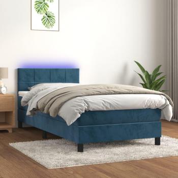 Cama box spring suave con colchón y LED azul oscuro 90x200 cm en terciopelo