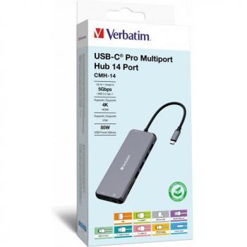 Verbatim CMH-14 USB Type-C 14-Port Pro Multiport Hub, 5000 Mbit/s, Silver
