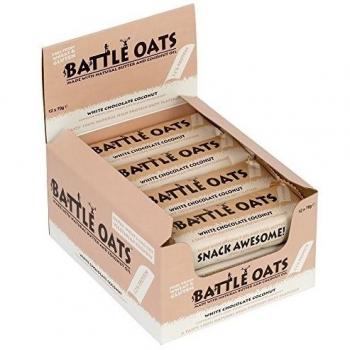 Barras de proteína Battle Oats Libre de gluten 12 x 70g barras. Sabor a chocolate blanco de coco