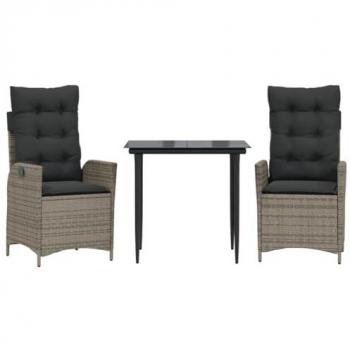 3-Piece Grey Poly Rattan Garden Dining Set with Cushions