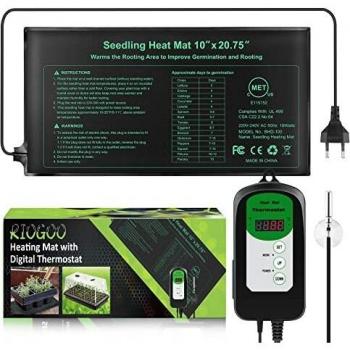 RIOGOO 24 * 52 cm - Alfombrilla térmica para plántulas y Controlador de termostato 68-108 ° F Controlador de termostato Digital IP68 a Prueba de Agua
