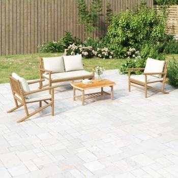 4-Piece Bamboo Garden Lounge Set with Cream White Cushions