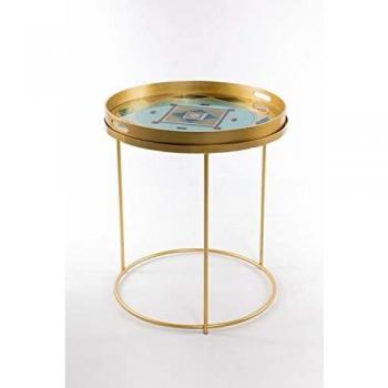 Mesa Auxiliar Hierro y Cristal Nórdico Azul Dorado 62 x 71