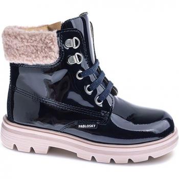 Botas Pablosky de niña de piel con cordones y cremallera lateral, flexible, en colores Rosa Nude, Azul Marino y Acero