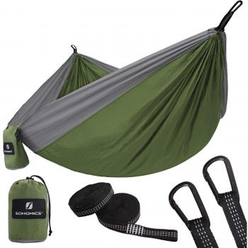 SONGMICS GDC14JG - Hamaca de Camping, 275 x 140 cm, 300 kg Capacidad de Carga, Probado por el TÜV, con Correas Multi - Lazos y Mosquetones, Ligera, Secado Rápido, Transpirable, Verde Ejército y Gris