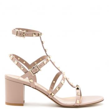 Valentino Garavani Women's Rockstud Leather Sandals in Powder, Size 35, High Heel Sandals, Pink, Gold Rockstud Sandals with Block Heel