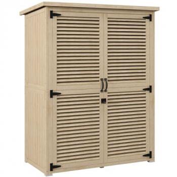 Outsunny Cobertizo de Madera 0,83 m² 127x65x168 cm Armario de Exterior con 2 Puertas de Persiana, 2 Estantes, 2 Asas y Techo Impermeable