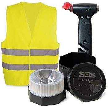 GEMCORE s.o.s. light baliza luminosa V16 + MARTILLO Emergencia: rompeventanas+cortador cinturón + regalo, CHALECO reflectante HOMOLOGADO