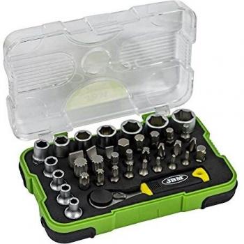 JBM 53156 Set con Vasos, Puntas y carraca Mini en Estuche, Negro, Verde, Plata, 1/4, 38 Piezas