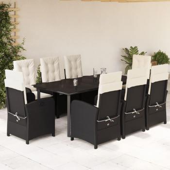 9-Piece Black Poly Rattan Garden Dining Set with Cushions