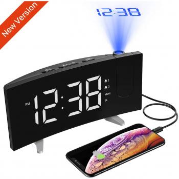 Holife Radio Despertador Proyector, Despertador Digital Proyector, Fácil de Operacion, Radio FM, 5”Pantalla LED Curva &6 Brillo, Dual Alarma, 3 Sonido Suave + Radio, Función Snooze, Carga USB-Blanco