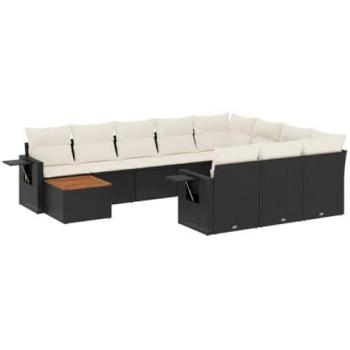 11-Piece Black Poly Rattan Garden Sofa Set with Cushions
