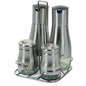 Villa d 'Este Home Tivoli - La Cucina Menage Silver, Color Plateado, dosificador y dosificador, 9 cm, aceitera y vinagrera: Ø 6,5 18,5 cm, Soporte 14,5 x 22 cm
