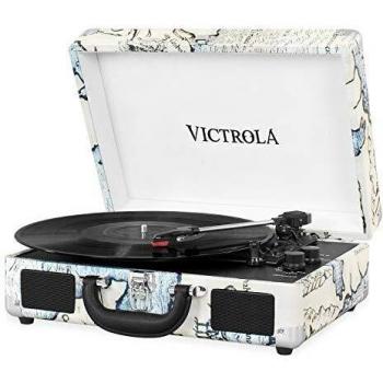Victrola Suitcase, Tocadiscos Portátil Bluetooth 3 Velocidades, Retro Map