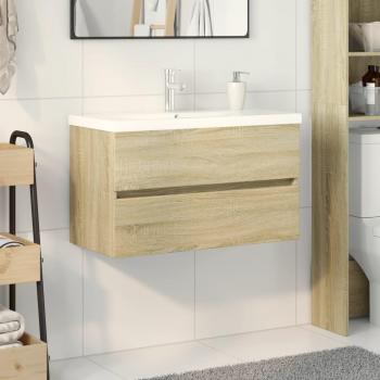 Set de mueble de baño 2 piezas cerámica y madera de ingeniería Marrón