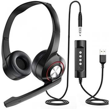 Newaner Auriculares PC con Cable y Micrófono, Auriculares Diadema Telefono USB/3.5mm, Cascos Diadema con Cancelación de Ruido Micro para VoIP, Skype, PC, Teléfono Fijo, Móviles, Oficina, Teleconfe