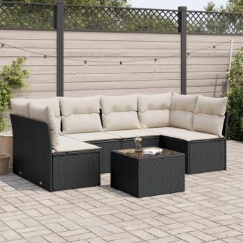 Set de comedor de jardín 7 pzas con cojines de ratán sintético negro