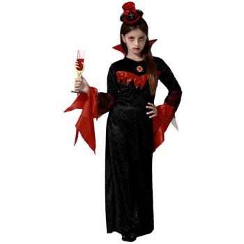 Disfraz de Vampiresa Elegante para niña con vestido largo negro y rojo, capa, detalles en encaje, accesorios incluidos y talla ajustable