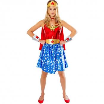 Disfraz Wonder Woman Deluxe Adulto Rubies, incluye vestido con falda corta y corsé ajustado, capa roja, tiara dorada, muñequeras plateadas y cinturón dorado; disponible en varias tallas
