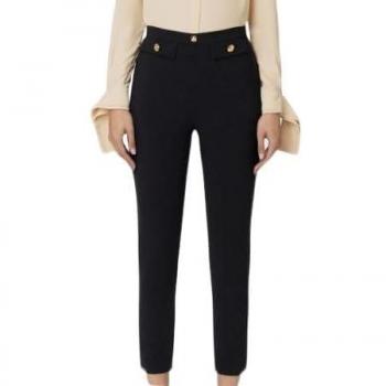 Elisabetta Franchi Women's Black Straight Stretch Pants with Logo Rivet Size 44