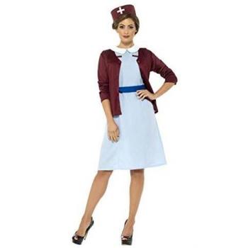 Smiffys-42796L Disfraz Tradicional de Enfermera, con Vestido, Chaqueta de Punto, y Cintur, Color Azul, L-EU Tamaño 44-46