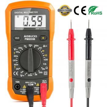 Multímetro Digital Aidbucks MS8233B polimetro AC/DC tester electrico con Resistencia Capacitancia Tester Frecuencia Multi Tester con DMM voltímetro, amperímetro, ohmímetro con retroiluminación LCD