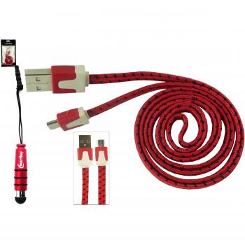 Emartbuy Trenzado Piso Duo Paquete para Samsung Galaxy Young 2- Rojo Mini Metallic Lápiz Óptico + Trenzado Rojo / Negro Cable Plano Antienredos para Transferencia de Datos y Cargador Micro USB Sync