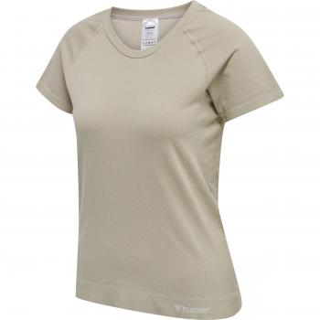 Camiseta sin costuras Hummel Flow de manga corta para mujer en color beige y gris