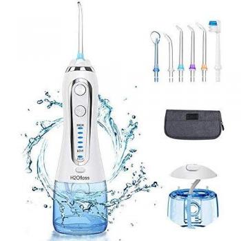 ESSEASON Irrigador Bucal Portátil Profesional - 5 Modos Irrigador Dental Recargable, 300ml Tanque de Agua Extraíble, IPX7 Impermeable con 6 Boquillas