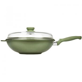 Wok Dr. Green 32 cm de Aluminio Fundido a Presión con Coperchio y Mango de Bakelita, Inducción Antiaderente