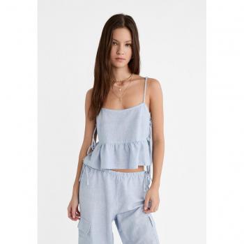 Striped Linen Blend Top with Side Ties - Blue L