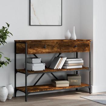 Mesa consola de madera ingeniería con cajones y estantes, acabado en roble ahumado, gris sonoma y marrón roble, ideal como mesa de sofá o mueble recibidor