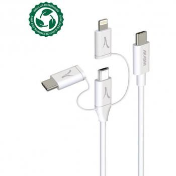 Cable USB Multifunción 3 en 1 con Conectores USB-C, Lightning y Micro-USB para Sincronización y Carga, Longitud de 1 Metro, Color Blanco