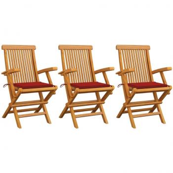 Sillas de jardín 3 uds madera maciza de teca con cojines rojos
