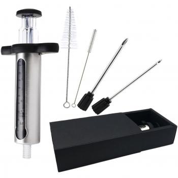 KAYCROWN Best Utensils Inyector de carne de acero inoxidable con sabor a adobo kit de inyector con 2 agujas de adobo profesionales y ventana transparente con medición, cepillos de limpieza adicionales