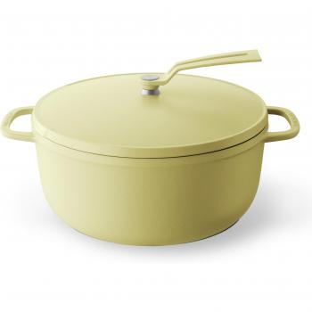 Olla de esmalte fundido Vermicular 26 cm amarilla camomila mate para cocinar anhidro, incluye libro de recetas y 2 tapas autoportantes
