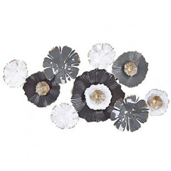Decoración de Pared Metal Gris Blanco Dorado 90 x 49 cm Escultura Floral Arte Moderno Glamour
